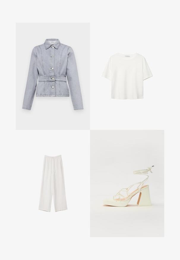 Giacca in denim grigio chiaro con colletto, bottoni a pressione, vita aderente e dettagli di cucitura sottili. Maniche lunghe con un design strutturato.; T-shirt bianco a maniche corte realizzato in cotone. Presenta un collo tondo e una vestibilità rilassata. Texture liscia senza motivi o dettagli visibili.; Pantaloni a gamba larga bianchi realizzati in un tessuto leggero. Presentano una vita elastica con cordoncino e tasche laterali. Texture liscia.; Sandalo bianco con tacco alto, caratterizzato da un design a cinturini e un legaccio alla caviglia. Texture liscia con una piattaforma frontale per un'altezza aggiuntiva.