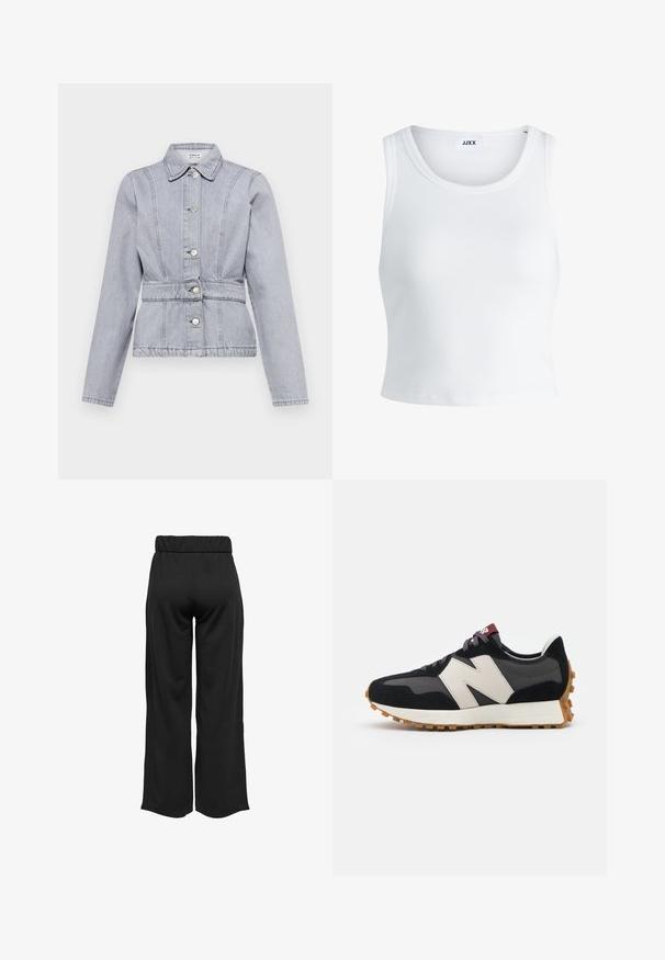 Svijetlosiva traper jakna s kragnom, dugmadi na pritiskanje, zategnutim strukom i suptilnim detaljima šivanja. Dugi rukavi s strukturiranim dizajnom.; Bijela rebrasta majica bez rukava s okruglim izrezom i skraćenom dužinom. Na etiketi piše "JJXX." Glatka tekstura tkanine.; Crne hlače širokih nogavica s elastičnom waistbandom, izrađene od glatkog materijala. Imaju jednostavan dizajn bez džepova ili vidljivih šavova.; Crne i sive suede tenisice s velikim kremastim logom "N", ljubičastim pertlama i teksturiranim gumiranim potplatom.