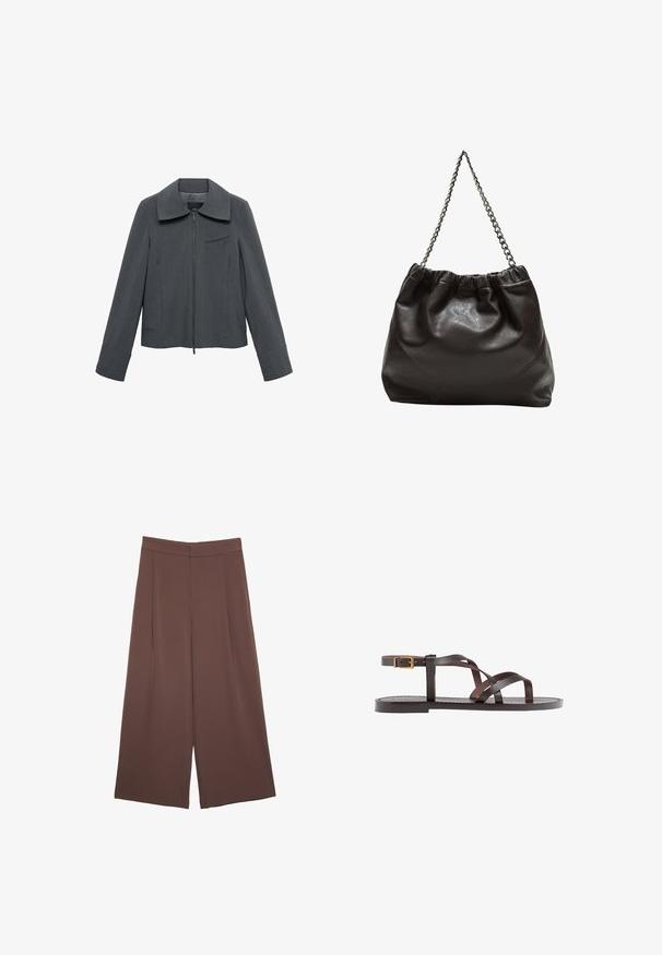 Siva skraćena jakna s patentnim zatvaračem, širokim ovratnikom i okomitim prugicama. Ima džep na prsima i duge rukave. Glatka tekstura.; Smeđa pamučna majica kratkih rukava s dubokim V-izrezom. Jednostavan dizajn, mekana tekstura i ravni rub. Bez uzoraka ili naglasaka.; Smeđe hlače širokog kroja s glatkom teksturom, koje imaju visok struk i nabore sprijeda. Tkanina je lagana i slobodno se kreće.; Smeđe kožne sandale s iskrižanim trakama, umetkom za zapešće s kopčanjem i ravnim potplatom s minimalnim detaljima šivanja.; Smeđa kožna torba s naboranim vrhom i lančićem za nošenje. Glatka tekstura s sjajnim završetkom i suptilnim šavnim detaljima sa strane.
