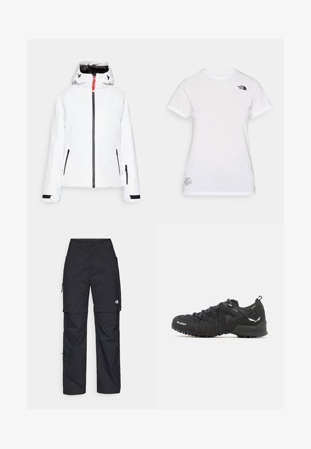 White puffer jacket with a hood, reinforced black zippers, and contrast red accent. Features zippered side pockets and adjustable cuffs.; White cotton t-shirt featuring a black logo on the left chest and a gray graphic design at the bottom right. Classic crew neck and short sleeves.; Black nylon zip-off cargo trousers with adjustable cuffs, multiple pockets, and a logo on the right leg. Smooth, lightweight texture.; Black hiking shoes with a textured fabric upper, lacing system, and rugged rubber sole. Accented with reflective details and logos.