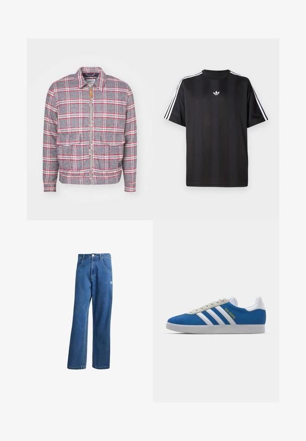 Harmaa ja punainen ruudullinen takki, jossa on vetoketjukiinnitys, kaksi etutaskua ja yksinkertainen kaulus. Valmistettu tekstuurikankaasta. Rentomallinen.; Musta lyhythihainen T-paita, jossa valkoiset kolmioviivain yksityiskohdat hartioissa ja pieni valkoinen logo rinnassa. Silkkinen kangastuntuma.; Siniset korkeavyötäröiset leveälahkeiset farkut, joissa on etupussit, vyölenkit, napitus ja pieni Adidas-logo oikeassa reidessä.; adidas Originals ADIDAS GAZELLE SHOES - Sisäjalkapallokengät - real madrid/bluebird/footwear white/crew yellow