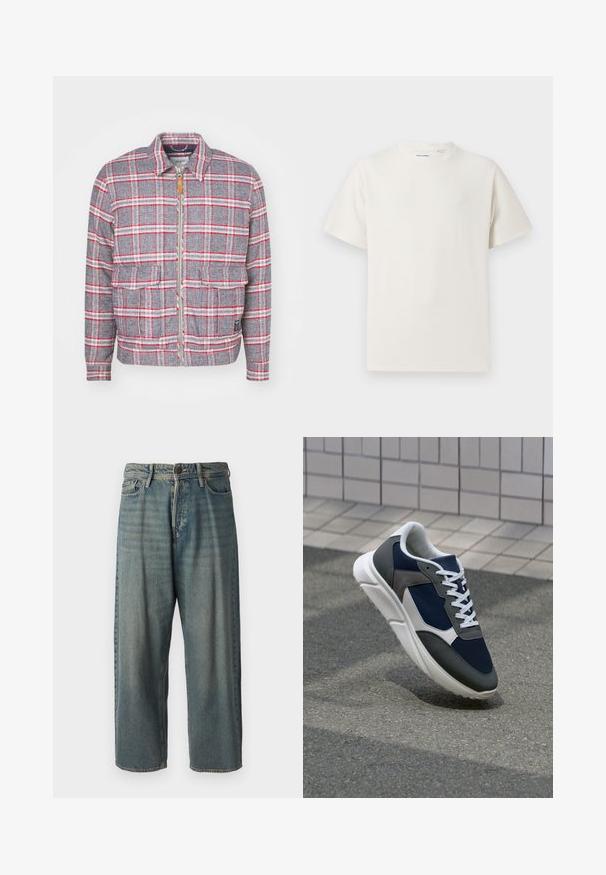 Siva in rdeča karirana jakna z zadrgo spredaj, dvema sprednjima žeparjema in preprostim ovratnikom. Narejena iz teksturirane tkanine. Priložnostna zasnova.; Bela majica s kratkimi rokavi iz rebraste tkanine. Okrogli izrez, sproščen kroj, brez vidnih vzorcev ali naglasov. Preprosta in vsestranska zasnova.; Svetlomoderne kavbojke z ohlapnim krojem, srednjim pasom in ravnimi nogami. Imajo pet žepov, zanke za pas in zapiranje na gumb.; Superge z zgornjim delom iz mrežaste tkanine v mornarsko modri barvi, sivi usnjeni poudarki, belo gumijasto podplato in ravnimi belimi vezalkami, zasnovane za udobje in zračnost.
