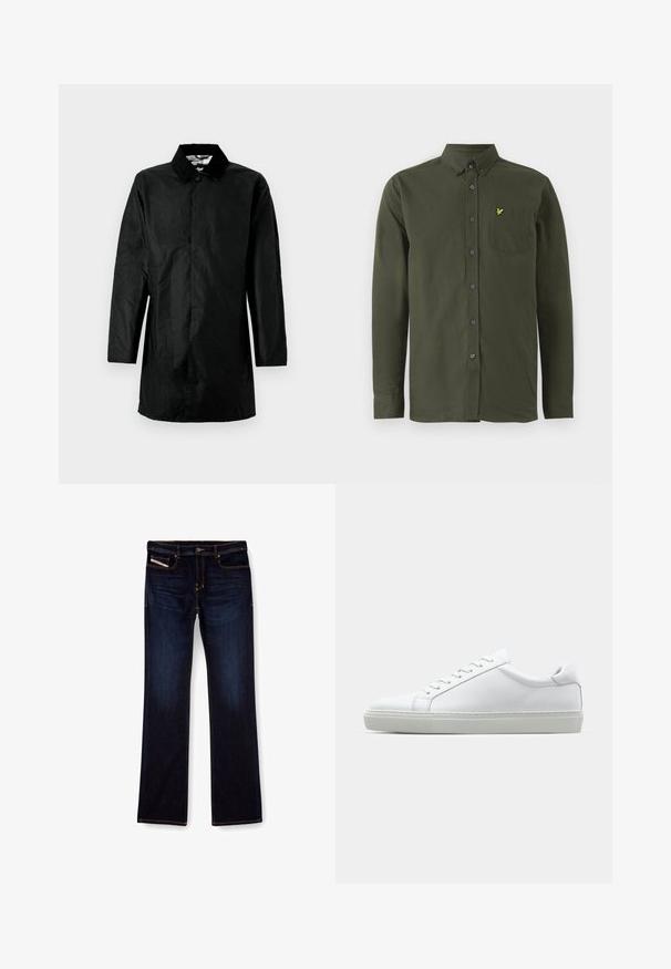Černý trenčkot vyrobený z lehkého materiálu, s límečkem, dlouhými rukávy a rovnou siluetou. Žádné viditelné kování ani vzor.; Tmavě zelená košile s dlouhým rukávem na knoflíky, s límečkem na knoflíky, náprsní kapsou a malým žlutým vyšitým ptáčkem na kapse.; Tmavě modré džíny z denimu se střihem rovného nohavice, s oranžovým prošíváním, zipem na přední straně a předními kapsami. Hladká textury a standardní pas.; Bílé tenisky s hladkým koženým svrškem a nízkým profilem. Mají zaoblenou špičku, šest nýtů a texturovanou gumovou podrážku.