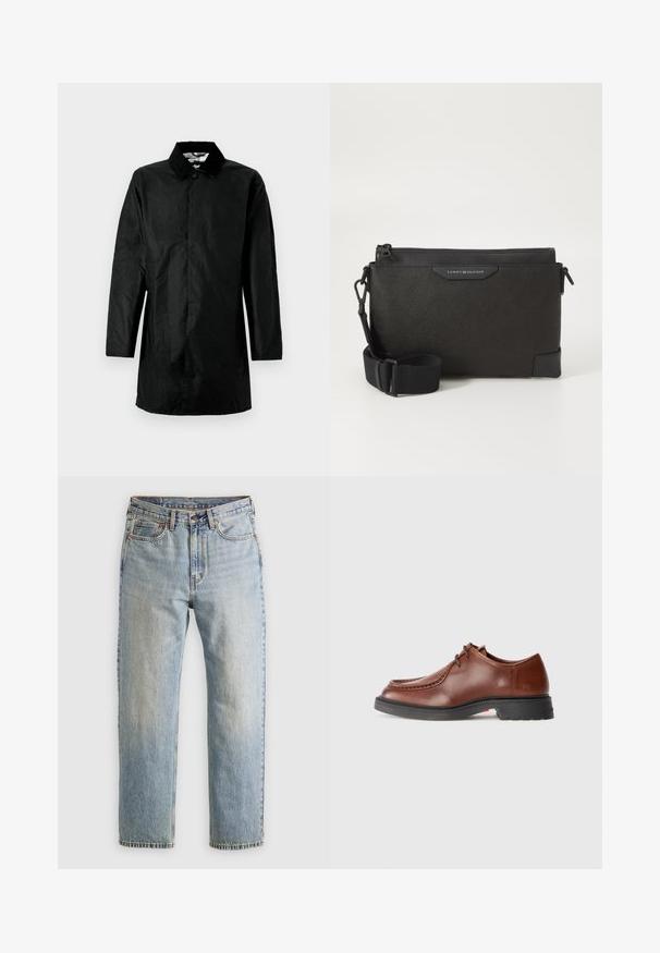Must musta kergest materjalist, varrukatega ja sirge siluetiga. Kaelus on kraega ja mustal tunkel ei ole nähtavat riistvara ega mustrit.; Burgundia pikkade varrukatega särk, mis on valmistatud puuvillast, varustatud nööbiga kaelusega, esise nööbistamisega ja väikese logoga rinnal.; Heledad hele sinine teksapükste kõrge vöökoht, ees nupuga, lukuga ja viie taskuga disain, asetatud tasasele neutraalsele taustale.; Pruun nahkne ülikonksutav king, millel on ümar nina, kontrastne õmblus, kingapaela disain ja tekstureeritud must kummisool.; Must muströöl tikuga must nahk crossbody kott, millel on tekstuuriga viimistlus, lukuga sulgemine ja reguleeritav rihm. Ees on logo silt. Ristkülikukujuline.