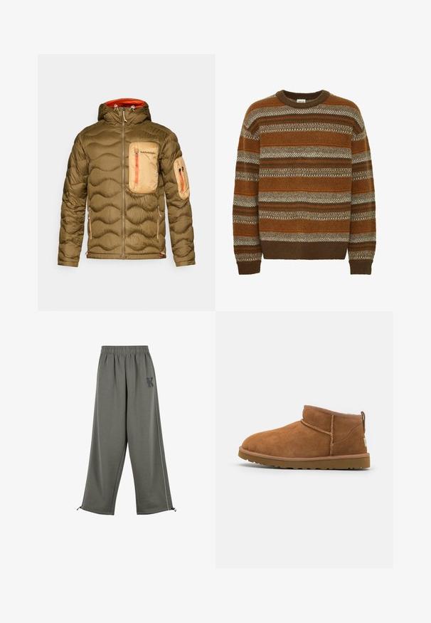 Olivenfarvet pufferjakke med en tekstureret, quiltet design. Har en lysebrun brystlomme, orange lynlåsdetaljer og en hætte.; Solid SDMAXWELL - Striktrøje - slate black; Karl Kani KK OS SIDESTRIPE - Bukser - grey; Sandal mellemhøje støvler i tan ruskind med en rund tå, subtile syninger og en tekstureret gummisål. Kort højde uden snørebånd.