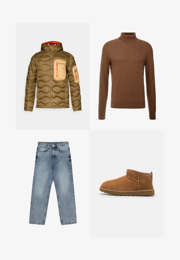 Jachetă puffer de culoare verde măslin, cu un design texturat, capitonat. Dispune de un buzunar pe piept de culoare maro deschis, accente portocalii la fermoar și o glugă.; Pulover cu guler înalt, de culoare maro, realizat dintr-un material moale, cu mâneci lungi, mansete cu un model texturat și un design ajustat, fără motive vizibile.; Jeans din denim de culoare albastru deschis, cu croială dreaptă, cusături vizibile, design cu cinci buzunare și închidere cu nasture la talie.; Botină antrenașă din suede bej, cu vârf rotund, detalii subtile de cusătură și o talpă din cauciuc texturată. Înălțime scurtă fără șireturi.