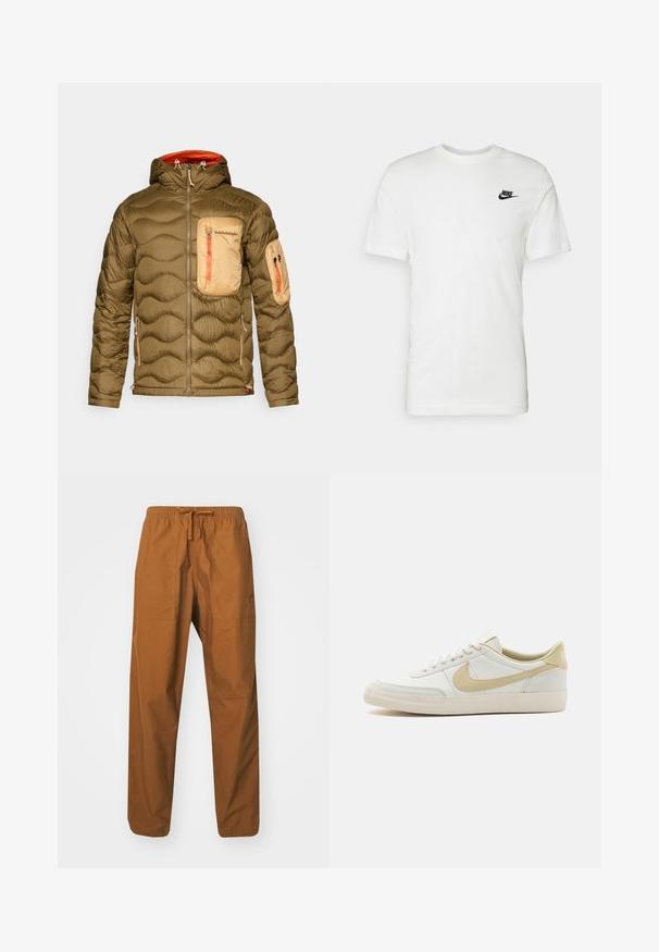 Maslinastozelena puffer jakna s teksturiranim, kvadratnim dizajnom. Ima laganu smeđu džep na prsima, narančaste detalje na zatvaraču i kapuljaču.; Bijela pamučna majica s kratkim rukavima, okruglim izrezom i crnim Nike logom na lijevoj strani grudi. Glatka tekstura i klasičan kroj.; Smeđe, lagane hlače sa vezicom u struku i elastičnim pojasom, s dva bočna džepa i glatkom teksturom.; Bijeli kožni tenisice s off-white potplatima, svijetlosmešnim akcentima i teksturiranom površinom. Imaju središnje vezivanje i istaknutu bočnu oznaku.