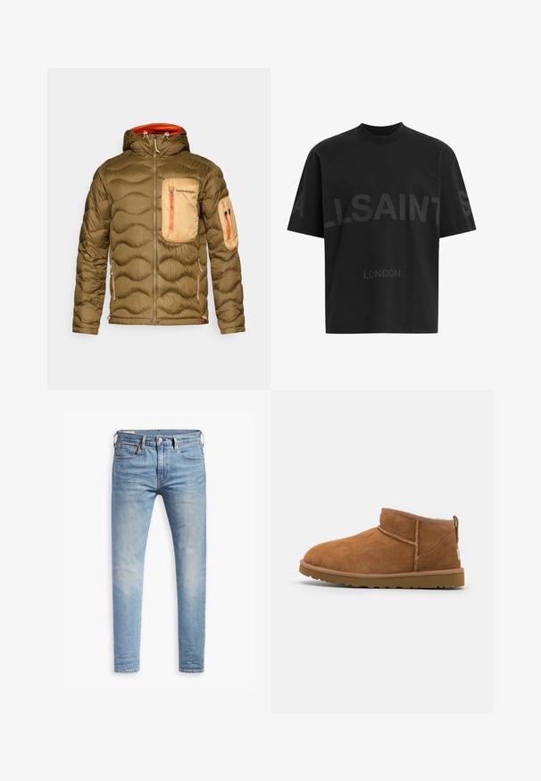 Olive zelena puhovka s teksturiranim, kvadratnim dizajnom. Ima svetlosmeđu džep na grudima, narandžaste detalje na rajsferšlusu i kapu.; Črna oversize majica s短kimi rokavi z temno sivo napisano besedo "ALLSAINTS" čez prsi in "LONDON" v manjših črkah spodaj.; Svetlo modri oprijeti džins s blagim bledenjem na stegnenicah, sprednji gumbasti zapenjač, zanke za pas in pet žepov na belem ozadju.; Tanen semiš škornji do gležnjev z zaobljenim nosom, subtilnimi šivi in teksturirano gumijasto podplatom. Kratka višina brez vezalk.