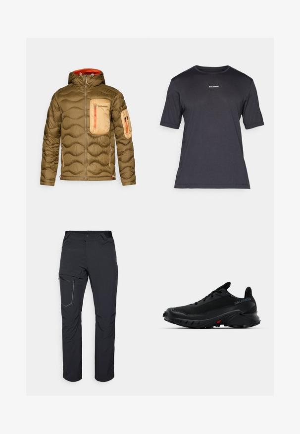 Olivenfarvet pufferjakke med en tekstureret, quiltet design. Har en lysebrun brystlomme, orange lynlåsdetaljer og en hætte.; Sort kortærmet performance t-shirt lavet af åndbart stof, med rund halsudskæring og lille hvid "SALOMON" logo på brystet.; Svarte udendørs bukser med en lynlåslomme på låret, elastisk talje og glat, vandafvisende stof. Rent design uden synlige logoer.; Sorte sportssko med en tekstureret overdel, rund tå og fremtrædende gummisål. Har et logo på siden og røde detaljer på sålen.