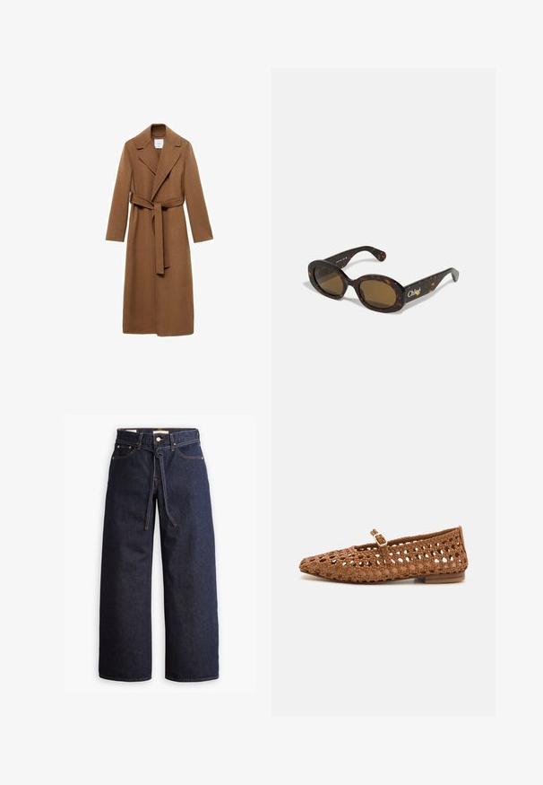 Dlouhý hnědý vlněný kabát s klopovým límcem, dlouhými rukávy a samostatně uvázaným páskem. Má upravený střih a hladkou texturu.; Hnědý pletený svetr s vysokým límcem, raglánovými rukávy a ribovanou texturou. Volný střih,Featuring a plain color without patterns.; Široké tmavě modré džíny se zvýšeným pasem, opatřené stahovací šňůrou, pěti kapsami a kontrastním prošíváním.; Tkaná hnědá plochá bota s špičatou špičkou a výřezovým designem. Má malý popruh s přezkou a nízký dřevěný podpatek.; Sluneční brýle v želvovinovém designu s oválnými rámy, hnědými skly a logem "Chloé" na nožičce. Hladký plastový materiál s lesklým povrchem.; Tkaná hnědá kožená kabelka zaobleného tvaru, s dvojitými horními uchy a hladkým povrchem; obsahuje jemné prošívání jako designový detail.