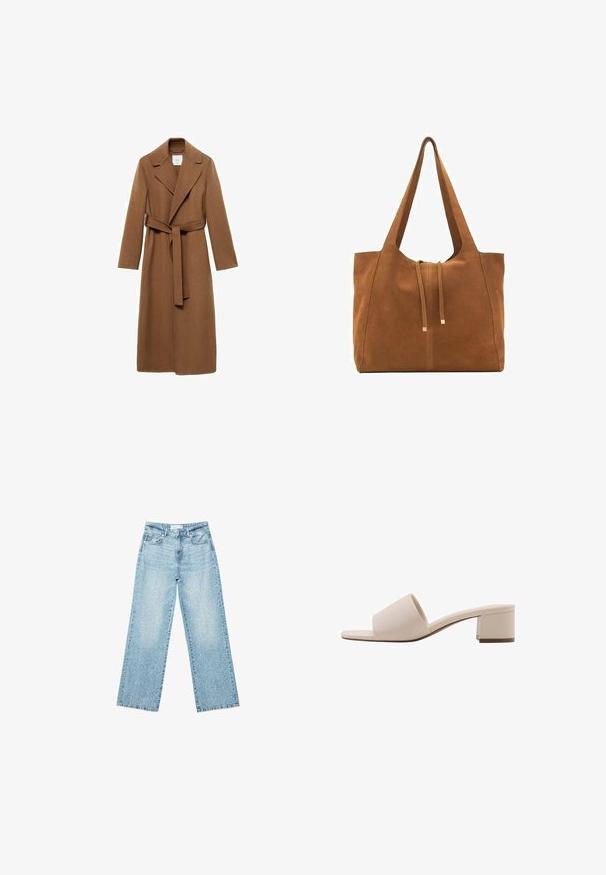 Długi brązowy wełniany płaszcz z wyciętym kołnierzem, długimi rękawami i paskiem z tego samego materiału. Charakteryzuje się dopasowanym krojem i gładką teksturą.; Biała, bezrękawnikowa bluzka o luźnym kroju, okrągłym dekolcie, gładkiej fakturze i prostym wykończeniu. Prosty design bez wzorów i dodatków.; Jasnoniebieskie jeansy z szerokimi nogawkami i wysokim stanem, z lekko wybledzonym wykończeniem i drobnymi, rozproszonymi przetarciami.; Beżowe sandały na słupku z szerokim paskiem i otwartym noskiem. Gładki materiał i elegancki design. Krótki, solidny obcas dla stabilności.; Brązowa torba tote z zamszu z dwoma długimi paskami, zamknięciem na sznurek i minimalistycznym wzornictwem. Gładka tekstura i brak widocznych akcentów metalowych.