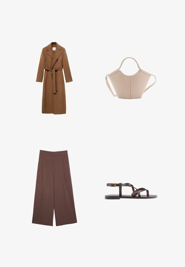 Long brown wool coat with a notched collar, long sleeves, and a self-tie belt. Features tailored cut and smooth texture.; Light beige short-sleeve t-shirt with a round neckline, made of soft, smooth fabric. Features a relaxed fit and straight hemline.; Brown wide-leg trousers with a smooth texture, featuring a high waist and front pleats. The fabric is lightweight and flows loosely.; Brown leather sandal featuring crisscross straps, an ankle buckle closure, and a flat sole with minimal stitching details.; Beige leather handbag with a unique shape, featuring two short handles and a long adjustable strap. Smooth texture with minimal hardware.