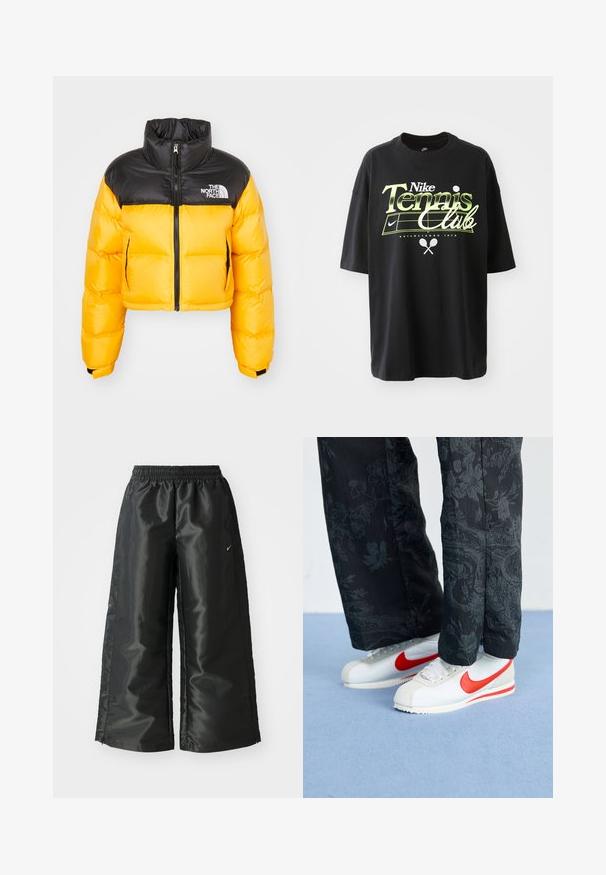 Cropped puffer jacket featuring a black upper and bright yellow lower section, made of shiny nylon with a zip closure and logo accent.; Black cotton t-shirt with short sleeves, featuring green and white "Nike Tennis Club" graphic, tennis ball, and racket illustrations.; Black athletic pants with a shiny, smooth fabric, featuring an elastic waistband, wide legs, and a small logo on the left side.; White Nike sneakers with red accents, paired with black pants featuring a floral pattern. Texture is smooth with a flat braid sole.