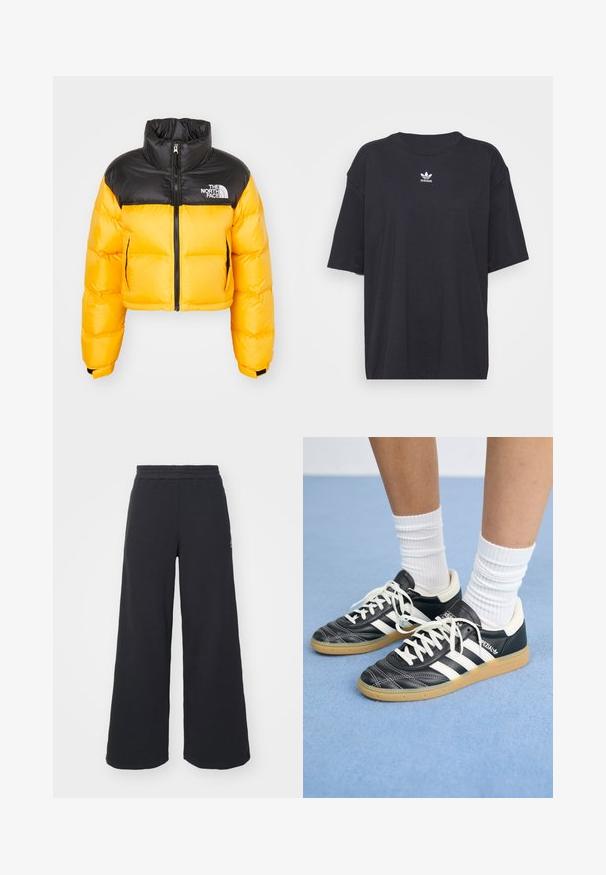 Korthvitt dunjakke med svart overdel og lys gul underdel, laget av skinnende nylon, med glidelås og logo. ; Svart bomull T-skjorte med korte ermer, rund halslinje, med en hvit Adidas-logo på brystet. Enkel design, avslappet passform.; Svart bukse med vid benvidde laget av myk stoff, med elastisk midjebånd og en liten logo på venstre side.; Sorte lærersneakers med hvite striper, rund tå, hvite snørebånd og såle av gummigummi. Fremhevet med polstret krage og merkeinfos.