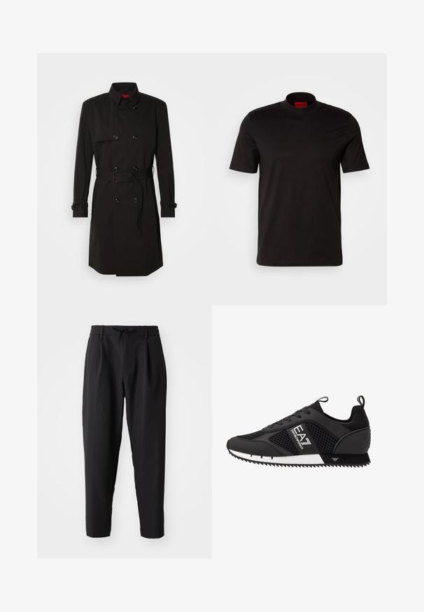Fekete trench kabát, dupla gombos dizájnnal, nagy gombokkal, övvel ellátott derékkal és magas gallérral. Simább anyag, matt felülettel.; Fekete, rövid ujjú póló, magas nyakkivágással. Simább anyagból készült. Belső gallérján piros márkajelzés található.; Fekete, szűkített szárú nadrág, rugalmas derékkal és húzózsinórral. Simára kidolgozott, könnyű anyagból készült, plissékkel és oldalzsebekkel.; EA7 Emporio Armani Sportcipő - black/white