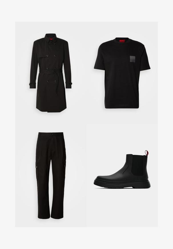 Svart trench coat med dubbelknäppt design, stora knappar, midjebälte och hög krage. Slät tyg med matt ytfinish.; Svart bomullströja med rund halsringning, med en texturerad svart lappar med logo på vänster bröst. Korta ärmar och avslappnad passform.; Svarta cargobyxor i bomull med avslappnad passform, utrustade med sidofickor, knapplås och raka ben. Enkelt design utan mönster.; Svarta ankelstövlar med en slät yta, elastiska sidopaneler och en kontrasterande röd dragflik, med en tjock gummisula och rund tå.