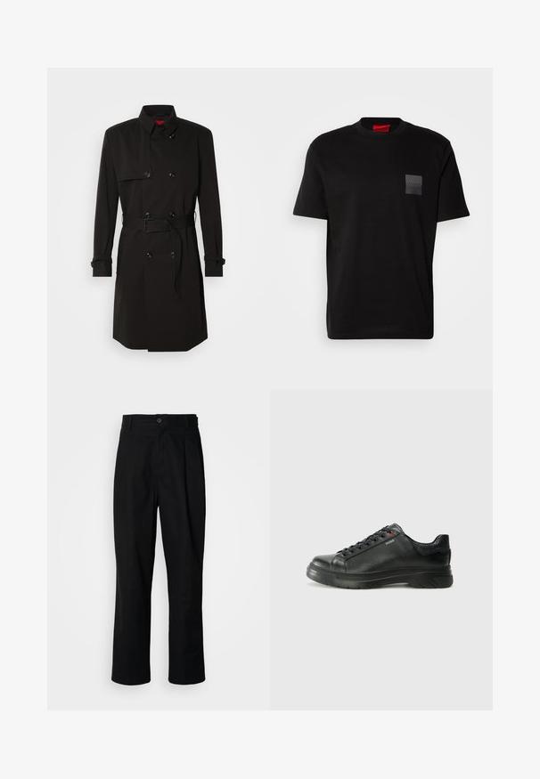 Črni plašč s dvojno zadrgo, velikimi gumbi, pasom in visokim ovratnikom. Gladek material z mat površino.; Črna bombažna majica s kratkimi rokavi in okroglim ovratnikom, z označeno teksturirano črno nalepko na levem prsnem delu. Ohlapen kroj.; Črne hlače ravnega kroja z gumbastim pasom, zanke za pas in sprednjim pregibom, prikazane na enobarvnem belem ozadju.; Črne usnjene superge z teksturiranim zgornjim delom, podloženim ovratnikom in rdečim logotipom. Imajo debel gumijast podplat z izrazitim vzorcem.