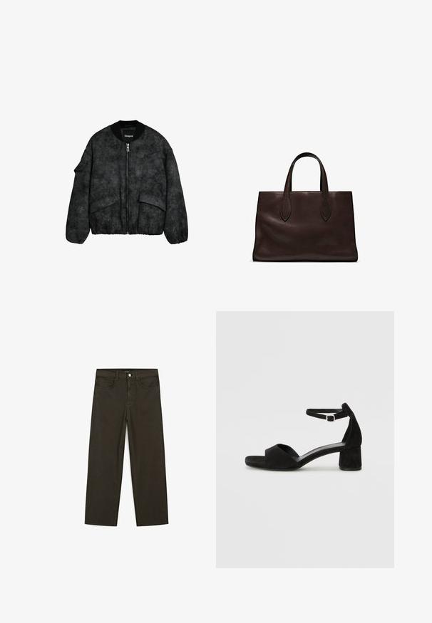 Černá bomber bunda s texturovanou tkaninou, zipovým zapínáním, žebrovaným límcem a manžetami a velkými předními kapsami s embosovaným květinovým vzorem.; Tmavě hnědé tričko s krátkým rukávem vyrobené z bavlny. Má kulatý výstřih a volný střih, bez viditelných vzorů nebo akcentů.; Tmavě zelené široké džínsy vyrobené z bavlněné směsi, s předním zapínáním na knoflík, pěti kapsami a klasickým denimovým stehem.; Černé sametové sandály na podpatku s tenkým řemínkem kolem kotníku, otevřenou špičkou a skromným blokovým podpatkem. Hladká textura a minimální akcenty.; Hnědá kožená taška přes rameno s dvěma dlouhými uchy, strukturální obdélníkový tvar, hladká textura a jemné švy.