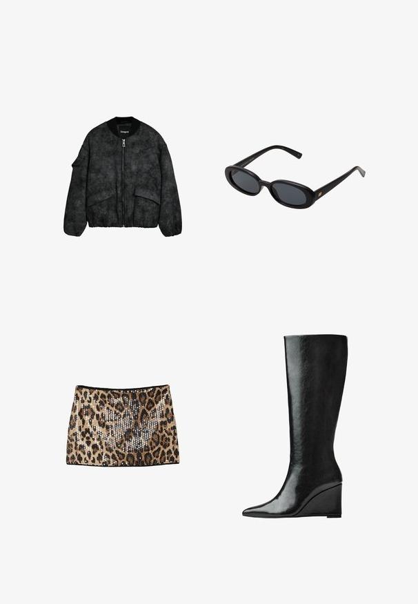 Sort bomberjakke med en tekstureret stof, lynlås lukning, ribbet krave og manchetter, samt store frontlommer med et præget blomsterdesign.; Sort off-the-shoulder langærmet top, fremstillet af blødt stof. Har et cropped design med vid halsudskæring og tætsiddende ærmer.; Mini nederdel med leopardprint, der har guld- og sorte paljetter, en tætsiddende design og en sort taljeelastik.; Knæhøje sorte læderstøvler med en slank, spids tå og en kilehælk. Overfladen er glat med en blank finish.; Store store