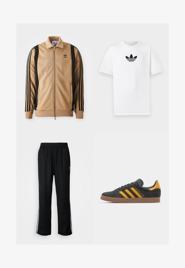 Tan spalvos zipui užtraukiama sportinė striukė, pagaminta iš tekstūruotos medžiagos, su juodomis vertikaliomis juostelėmis ant rankovių ir Adidas logotipu ant krūtinės.; Baltas medvilnės marškinėliai su juodu Adidas logo centre. Trumpomis rankovėmis ir apvalia kaklo iškirpte. Lygus audinys.; Juodi sportiniai keliai su elastingu juosmeniu, su baltais šonais ir mažu logotipu. Atrodo, kad medžiaga yra minkšta ir lengva.; Juodas zomšinės sportbačiai su geltonais akcentais, turintys tris juosteles ir rudą gumos padą. Apima paminkštintą liežuvėlį patogumui.