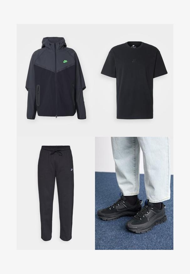 Melns un tumši pelēks viegls virsjakas ar kapuci, ar zaļu Nike logotipu, ar rāvējslēdzēja kabatām un plūdenu, sportisku dizainu.; Nike melns kokvilnas T-krekls ar klasisku piegriezumu, īsām piedurknēm un smalku, reljefu logotipu uz krūškurvja. Gluda tekstūra.; Melnas sporta bikses, kas izgatavotas no mīksta auduma, ar elastīgu jostu, auklu un mazu Nike logo uz kreisā augšstilba.; Melni sporta apavi ar strukturētu audumu un gumijas zoli, ar elastīgām auklām un zilu akcentu uz papēža. Nēsāti ar gaišām džinsu biksēm.