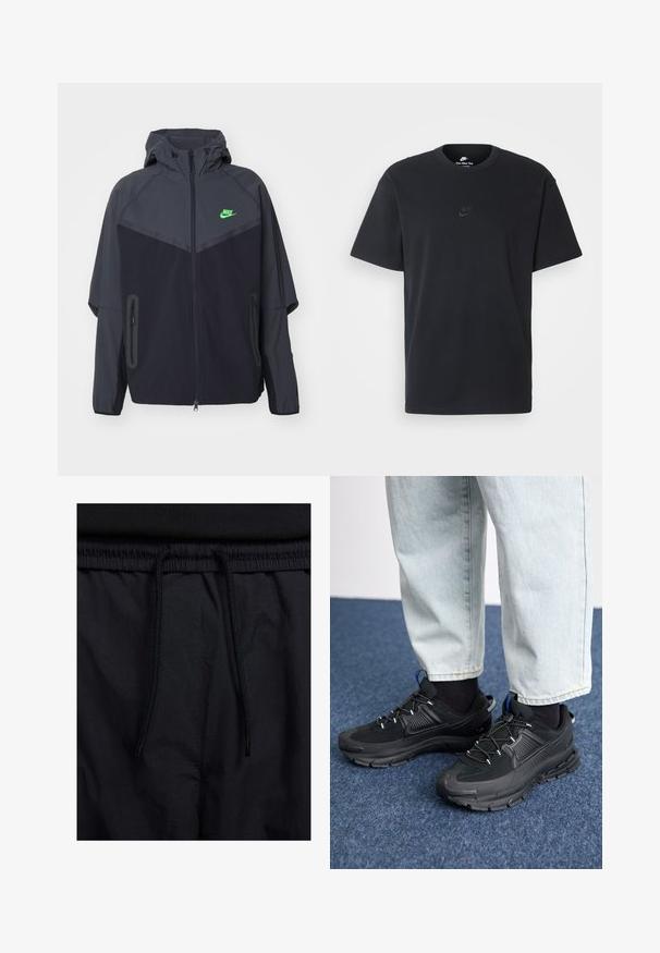 Jaqueta leve em preto e cinza escuro com capuz, apresentando um logo verde da Nike, bolsos com zíper e um design esportivo e aerodinâmico.; T-shirt de algodão preto da Nike com um clássico decote redondo, mangas curtas e um logótipo em relevo discreto no peito. Textura suave.; Calções pretos com um cós elástico ajustável, fabricados em tecido leve com uma textura suave e um design simples, sem logótipos ou padrões visíveis.; Sapatilhas desportivas pretas com tecido texturizado e solas em borracha, apresentando atacadores elásticos e um detalhe azul no calcanhar. Usadas com calças de ganga claras.