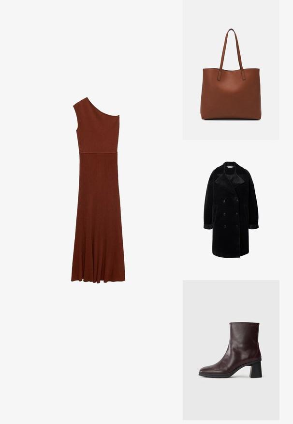 Cappotto nero a doppio petto con ampio colletto, realizzato in tessuto testurizzato. Presenta due tasche laterali e chiusura con bottoni.; Abito marrone a coste asimmetrico con design a una spalla; corsetto aderente che si allarga in una gonna ampia. Tessuto liscio in tutto l'abito.; Stivale alla caviglia in pelle marrone scuro con tacco a blocco e punta rotonda, visualizzato su uno sfondo grigio chiaro uniforme.; Borsa tote in pelle marrone con texture liscia, design con apertura superiore e due spallacci. Presenta cuciture minime e nessun hardware visibile.