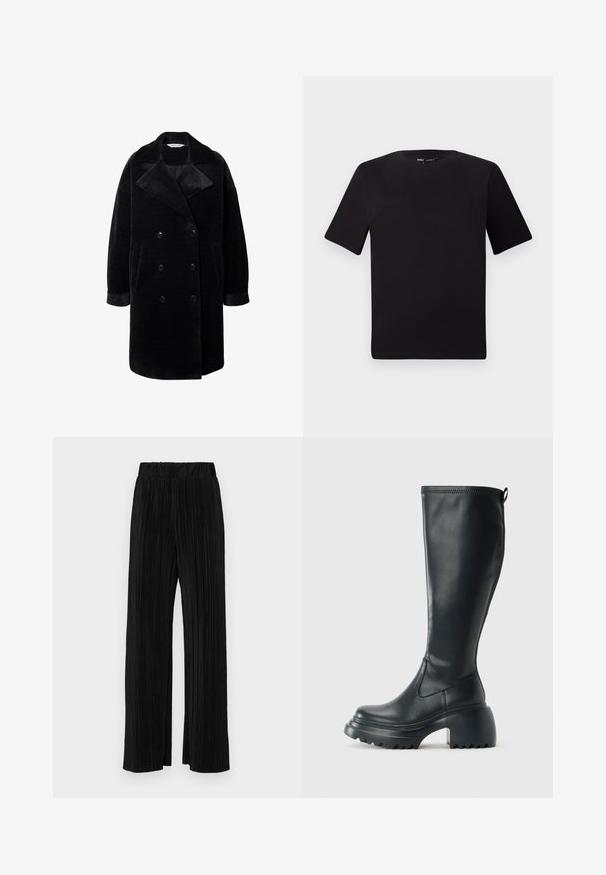 Cappotto nero a doppio petto con ampio colletto, realizzato in tessuto testurizzato. Presenta due tasche laterali e chiusura con bottoni.; T-shirt nera a maniche corte con scollatura rotonda, realizzata in morbido cotone. Design semplice, senza loghi o motivi visibili.; Pantaloni neri a plissé con vita elasticizzata. Presentano gamba ampia e un tessuto liscio e texture con strisce verticali.; Stivale lungo in pelle nera con suola piatta robusta e tacco a blocco, dotato di linguetta e battistrada testurizzato sulla suola.