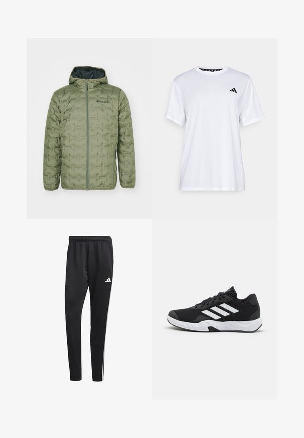 Olivgrön pufferjacka med dragkedja fram, justerbar huva och strukturerat mönster. Har en logotyp på vänster bröst och ärmslut.; Vit sporttopp med kort ärm, tillverkad av fukttransporterande tyg. Har en svart logotyp på vänster bröst och ett mönstrat inre halsringning.; Svarta träningsbyxor med elastisk midja, vita sidostreck och en liten vit logotyp på låret. Tillverkade av ett slätt, lätt material.; Svarta sportskor med ett texturerat nätövre, vita accentlinjer, en dämpad sula och en förstärkt häl för stöd.