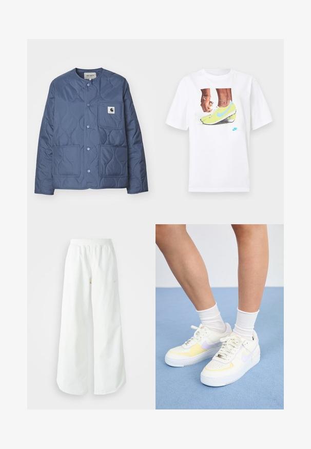 Carhartt WIP SKYLER LINER - Kerge jope - positano; Valge puuvillane T-särk, millel on kollaste Nike jalatsite ja siniste aktsentidega jalgade graafika, kombineeritud vasakul randmel oleva käevõruga.; Valged laiad spordipüksid, ribadega vöökoht ja diskreetne logosümbol. Sile kangas, lõdvestatud istuvus ja kitsenev ääreosa.; Valged nahast tossud kollaste ja lavendlitoonide aktsentidega, ümar varvas, tasased paelad ja tekstureeritud kummist tald. Kannab valgeid sokke.