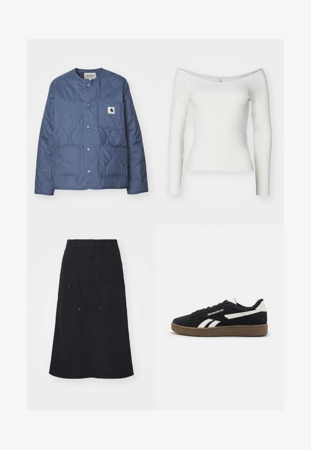 Carhartt WIP SKYLER LINER - Lengva striukė - positano; Balta, bepečių ilgomis rankovėmis palaidinė, pagaminta iš raukšlėtos medžiagos. Prigludęs dizainas su sklandžiu tekstūru ir tiesiu apvadu.; Juoda medvilninė sijonas, turintis priekinius mygtukus, du didelius kišenių akcentus ir tiesią siluetą. Lygus paviršius.; Juodos zomšos sportbačiai su baltais akcentais, plokščiomis laidoj ir ruda gumine baze. Pusėje yra logotipas, o viršutinė dalis yra tekstūruota, kad geriau laikytųsi.