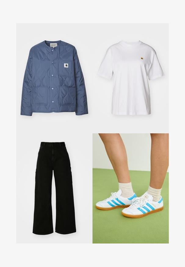 Carhartt WIP SKYLER LINER - Lahka jakna - positano; Bela bombažna majica s sproščenim krojem, kratkimi rokavi in majhnim vezenim logotipom na levi strani prsnega predela.; Črne široke hlače cargo iz denima, z visokim pasom, sprednjim gumbom in stranskimi žepi. Gladka tekstura z minimalnim šivanjem.; Bele teneške z svetlo modrimi črtami, gumijastim podplatom in vezalnim dizajnom. Opremljene so z zlatim logotipom in gladko teksturo, podobno usnju.