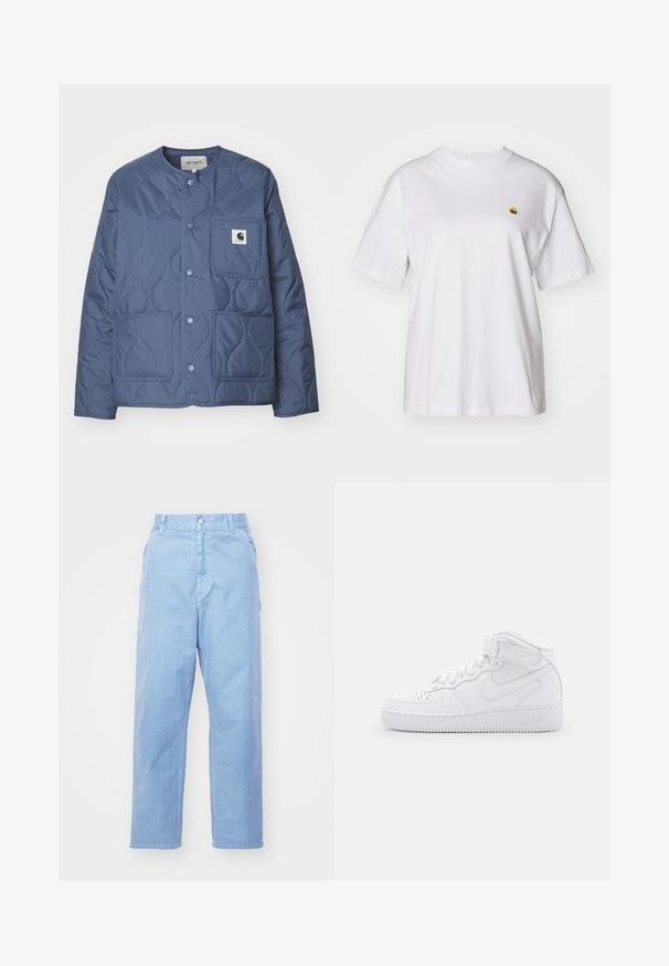 Carhartt WIP SKYLER LINER - Viegla jaka - positano; Balta kokvilnas T-kreklā ar brīvu piegriezumu, īsām piedurknēm un mazu izšūtu logotipu kreisajā krūtīs.; Gai zili džinsi ar taisnu kāju dizainu, pogu aizdari un priekšējām kabatām. Audumam ir smalka tekstūra ar gludu apdari.; Balti augstie sporta apavi, izgatavoti no ādas, ar mīkstu apkakli, perforētu pirkstu daļu, auklām un regulējamu potīšu siksnu; ar logotipu sānos.
