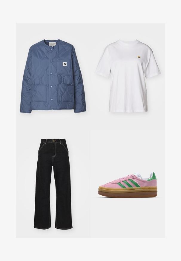 Carhartt WIP SKYLER LINER - Lett jakke - positano; Hvit bomulls t-skjorte med avslappet passform, korte ermer og en liten brodert logo på venstre brystområde.; Svarte vide jeans laget av denim, med kontrasterende hvite sømmer og en frontknapplukking, samt to skrå frontlommer.; Rosa semskede sneakers med grønne striper, hvite detaljer og en brun gummisåle. Har teksturert stoff og logodetaljer på siden.