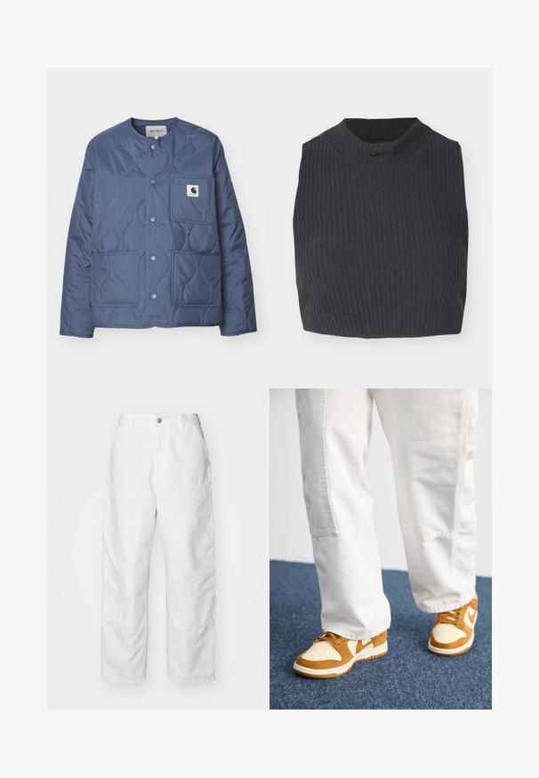 Carhartt WIP SKYLER LINER - Light jacket - positano; Cropped ribbed top in dark navy, featuring a high neckline and a subtle Nike logo. The fabric has a textured, stretchy appearance.; White cargo pants made of denim, featuring a relaxed fit, side pockets, and visible stitching details. Plain front with a button closure.; Brown and cream sneakers with suede and leather materials, featuring perforated toe, laces, and white soles. Worn with white pants.