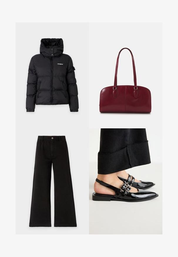 Casaco puffer preto com colarinho alto e capuz. Apresenta frente com fecho éclair, dois bolsos laterais e logotipo no lado esquerdo do peito. Textura suave.; Noisy May NMSUTTON CHERRY - Camisola - light grey melange; Calças largas pretas, feitas de algodão texturizado, apresentam um fecho frontal com botão, passadores de cinto e bainhas retas com detalhes de costura limpa.; RAID DINKY - Sabrinas com tira no tornozelo - black; Zign LEATHER - Mala de mão - dark red; Brincos metálicos dourados com um design ondulado; superfície lisa e reflexiva; forma assimétrica; sem padrões ou acessórios visíveis.