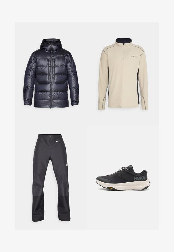 Pufi sötét tengerészkék leégett dzseki kapucnival, cipzáras elejével, két mellzsebével és az ikonikus logóval a bal felső oldalon. Sima, fényes textúra.; Beige színű fleece pulóver fekete oldalpanellel, negyed cipzáros elülső résszel és kontrasztos varrással. Kicsi logó található a mellkason.; Fekete vízálló nadrág sima textúrával, elöl GORE-TEX logóval, és megerősített alsó lábrészekkel a tartósság érdekében.; Fekete sportcipő texturált felsőrésszel, szürke kiegészítőkkel, fényvisszaverő részletekkel és vastag fehér talppal, amelyen Vibram márkajelzés található.