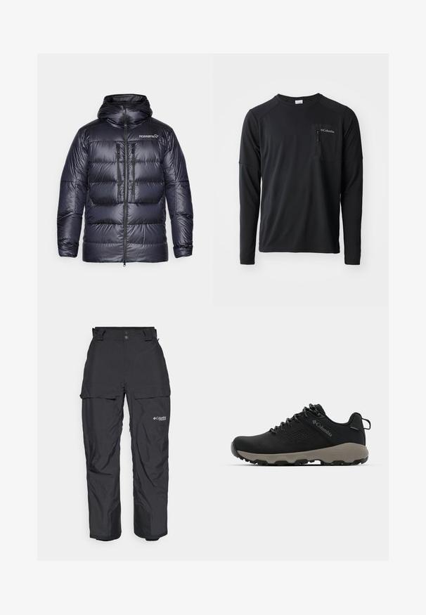 Pehme tidav tume meresinine alla jope kapuutsiga, esi lukuga, kahe rinna tasku ja allkirja logoga vasakul ülemisel poolel. Sile, läikiv tekstuur.; Columbia COLUMBIA TECH™ LONG SLEEVE CREW - Pikkade varrukatega topp - black; Mustad veekindlad välispüksid, mis on lõdva istuvusega, reguleeritava elastse vöökoha, külgmiste cargo-taskute ja tugevdatud pahkluudega.; Mustad matkajalanõud musta ülemise osaga, sileda pinnaga, perforatsiooni disainiga, hallal väljal ja tugevdatud kontsaga. Omab paelu ja tõmbetaba lihtsaks selga panemiseks.