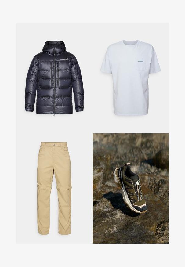 Puffy dark navy down jacket with a hood, zip front, two chest pockets, and signature logo on the upper left side. Smooth, shiny texture.; White cotton t-shirt with short sleeves, round neck, and a left chest pocket featuring a blue "Patagonia" logo. Classic fit with a smooth texture.; Beige zip-off pants with a smooth texture, featuring two side pockets, a button closure, and roll-up cuffs for versatility.; Hiking shoe in olive green and black with pink accents. Features a textured upper, flexible sole, reinforced toe cap, and colorful lacing system.