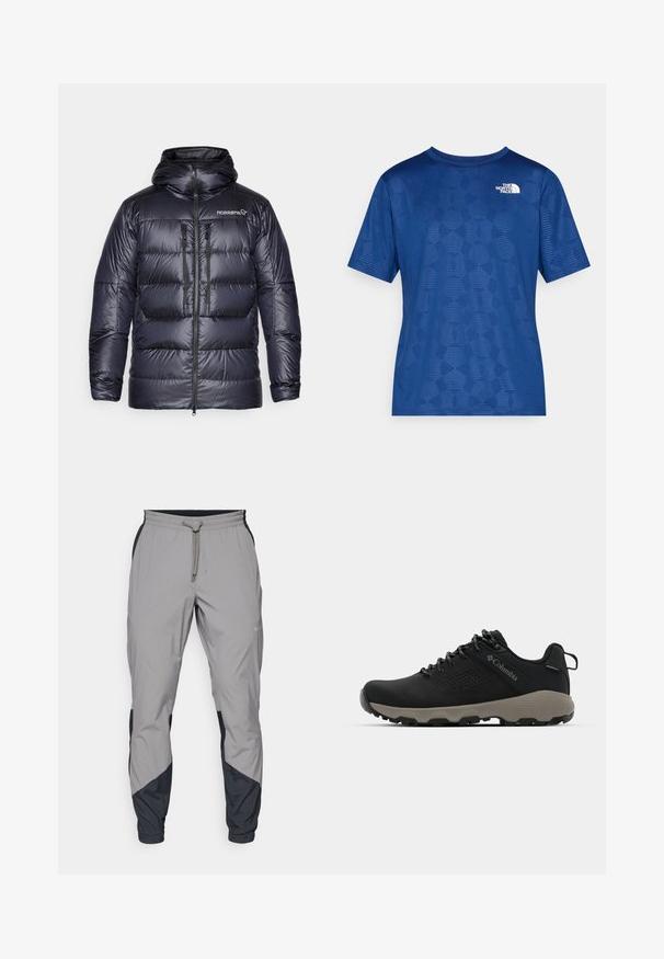 Pufi sötét tengerészkék leégett dzseki kapucnival, cipzáras elejével, két mellzsebével és az ikonikus logóval a bal felső oldalon. Sima, fényes textúra.; Kék, rövid ujjú ing, textúrált geometrikus mintával és fehér logóval a bal felső részen. Könnyű, lélegző anyagból készült.; Könnyű, szürke sportnadrág fekete részletekkel. Rugalmas derékpánt, zsinóros zárás, szabott lábszár kialakítás és oldalsó zsebek.; Fekete túrabakancs sima felsőrésszel, perforált dizájnnal, szürke talppal és megerősített sarkal. Fűzővel és húzószalaggal van ellátva a könnyű felvétel érdekében.
