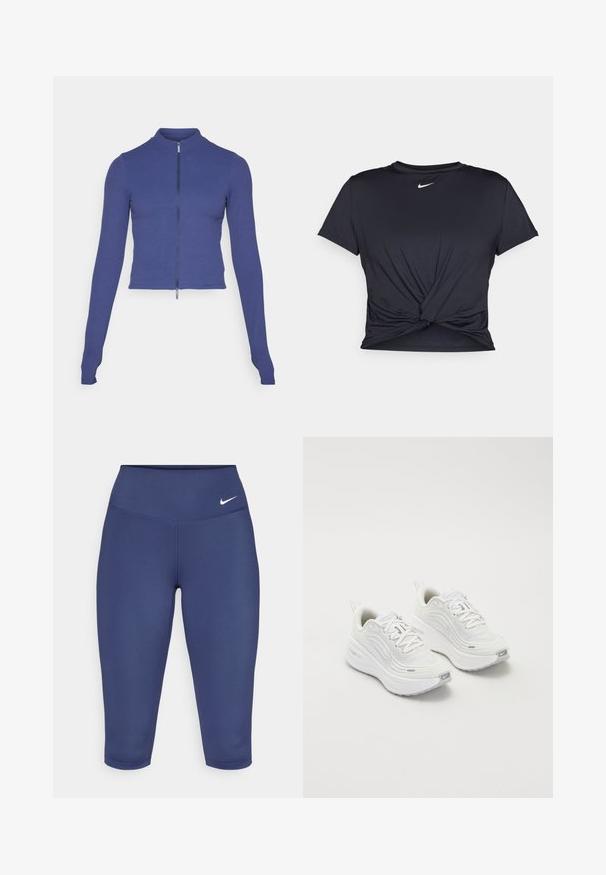 Pielāgota garām piedurknēm ar rāvējslēdzēju, dziļi zilā krāsā. Izgatavota no elastīga materiāla, ar augstu apkakli un gludu tekstūru. Vienkāršs dizains.; Melna sporta t-kreklu ar gludu audumu, ar mezglošanas priekšpusi un mazu baltu Nike logotipu uz krūšu daļas.; Tumsas zilas capri legingi, izgatavoti no elastīga auduma, ar platām jostām un mazu baltu logo kreisajā pusē. Nav redzamu šuvju.; Baltas sporta apavi ar teksturētu sieta augšdaļu, mīkstinātu zoli un smalkiem pelēkiem akcentiem. Iekļauj zīmolu un cilpu papēža cilpu vieglai uzvilkšanai.