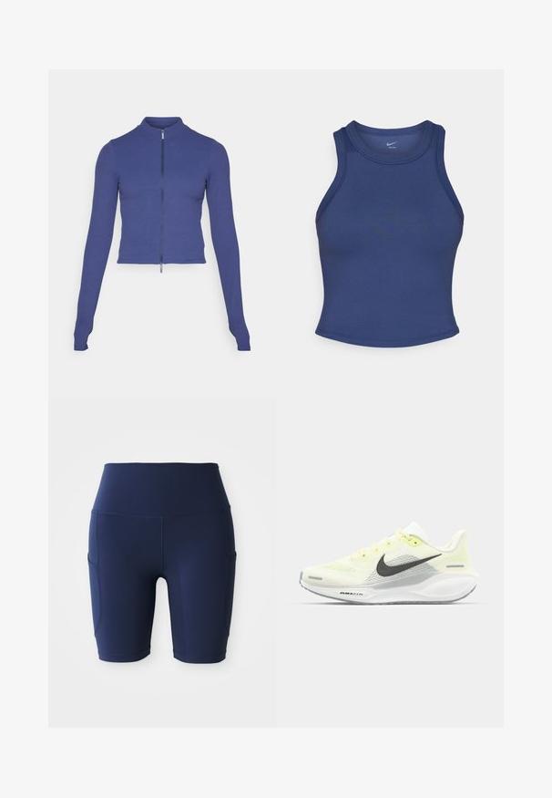 Tætsiddende langærmet zip-up jakke i dyb blå. Lavet af strækbart materiale, med en høj krave og en glat overflade. Simpelt design.; Marineblå atletisk tanktop med en tætsiddende design, rund halsudskæring og glat overflade. Har minimale sømme og ingen synlig branding.; Mørkeblå, højttaljede cykelshorts lavet af strækbart, glat stof; har sidelommer og en tætsiddende design.; Nike løbesko med en lys gul og hvid mesh-overdel, grå detaljer og en fleksibel gummisål. Har snørebånds Lukning.