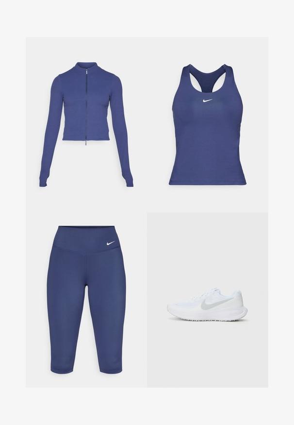 Jachetă cu fermoar cu mâneci lungi, ajustată, de culoare albastru închis. Fabricată din material elastic, având un guler înalt și o textură netedă. Design simplu.; Tricou sportiv de culoare albastru închis, cu spate tip racerback, realizat dintr-un material neted, prezentând un mic logo alb Nike pe piept.; Leggings capri de culoare albastru marin, realizate dintr-un material elastic, cu o talie lată și un mic logo alb pe partea stângă. Fără cusături vizibile.; Pantof de atletism alb cu parte superioară din plasă, guler căptușit și o swoosh Nike de culoare gri deschis. Are o talpă texturată pentru aderență și stabilitate.