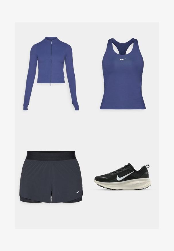 Szorosan illeszkedő, hosszú ujjú, cipzáras dzseki sötétkék színben. Rugalmas anyagból készült, magas gallérral és sima textúrával rendelkezik. Egyszerű dizájn.; Tengerészkék sport felső, versenyháton kialakítva, sima anyagból készült, a mellkasán egy kis fehér Nike logóval.; Fekete sportnadrág elasztikus derékkal, réteges kialakítással és kis fehér Nike logóval a bal alsó részen. Könnyű anyag.; Fekete Nike futócipő légáteresztő hálós felsőrésszel, fehér Swoosh logóval, textúrázott részletekkel és krém színű ZoomX középtalppal.