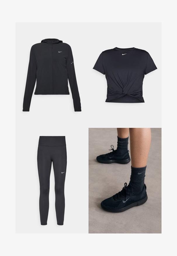 Giacca nera con cappuccio e maniche lunghe, realizzata in materiale leggero. Presenta una zip frontale, il logo Nike e accenti di design sottili.; Maglietta atletica nera realizzata in tessuto liscio, con un design anteriore annodato e un piccolo logo Nike bianco sul petto.; Leggings neri realizzati in tessuto elasticizzato, con una vita alta e un logo Nike bianco sulla coscia sinistra. Tessuto liscio, design aderente.; Sneakers neri Nike con tomaia in maglia testurizzata, caratterizzati da un logo swoosh grigio, abbinati a calze scure a coste. Suola in gomma piatta.
