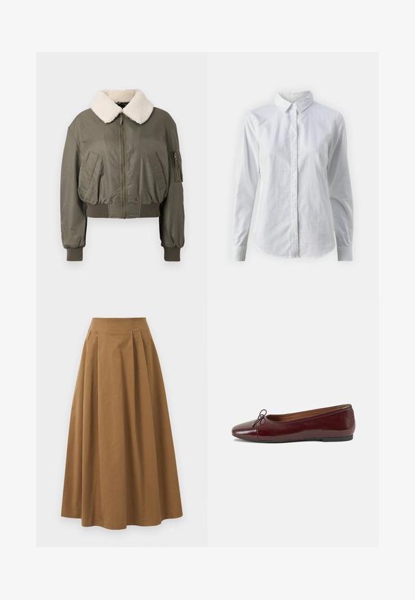 Chaqueta bomber corta en oliva, con un cuello blanco esponjoso, cierre de cremallera, bolsillos laterales y puños de canalé. Textura suave.; Camisa blanca de botones hecha de algodón suave, con un cuello clásico, mangas largas y un dobladillo curvado. Los botones son pequeños y blancos.; Falda de algodón marrón en corte A con una cintura alta, que presenta plisados en la parte frontal y una textura suave. Los acabados del dobladillo son limpios y simples.; Bailarina de charol burdeos con punta redonda, pequeño lazo en la parte frontal y una suela baja de goma negra. Textura suave.