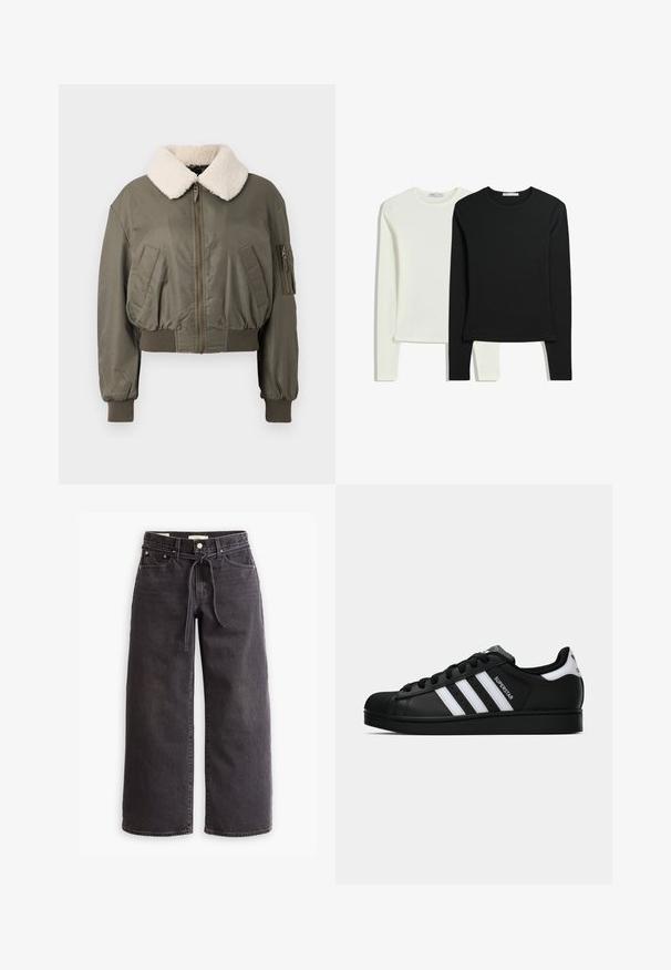 Kürzer Bomberjacke in Olivgrün mit einem flauschigen weißen Kragen, Reißverschluss, Taschen an den Seiten und gerippten Bündchen. Glatte Textur.; Zwei Langarmshirts: eines in Weiß und eines in Schwarz. Aus glattem Stoff gefertigt, mit Rundhalsausschnitten und figurbetonten Schnitten sowie geraden Säumen.; Schwarze, weit geschnittene Jeans aus Denim mit einem Zugbandbund, fünf Taschen und kontrastierenden Nahtdetails. Flacher Frontschnitt.; Schwarzer Adidas Superstar Sneaker mit weißen Streifen, Schalenzehen und "Superstar"-Schriftzug an der Seite, im Seitenprofil auf weißem Hintergrund dargestellt.