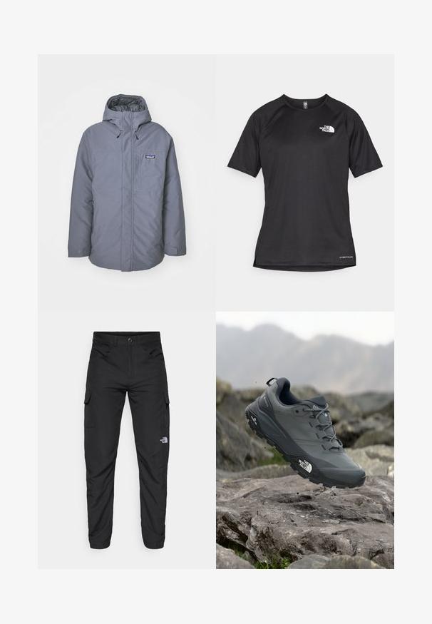 Gray insulated jacket with a hood, featuring a front zipper, chest pocket, side pockets, and drawcords at the hood for adjustability.; Black short-sleeve athletic shirt with a textured fabric, featuring a white logo on the left chest and a straight hem.; The North Face HORIZON PANT - Outdoor trousers - black; Grey trail running shoe with a textured upper, durable rubber sole, and reinforced toe cap. Features laces and brand logo on the side.