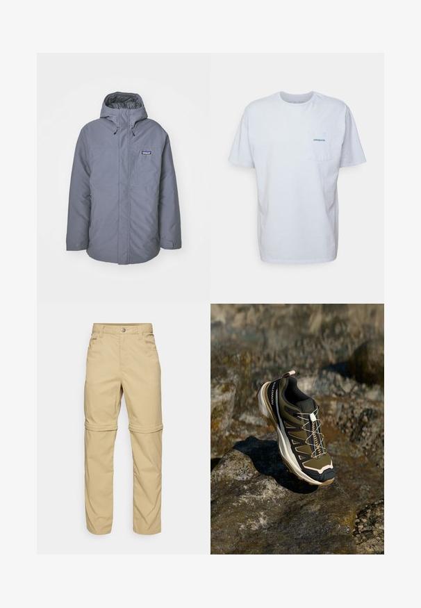 Hallgray isoleeritud jope kapuutsiga, millel on ees lukk, rinnatasku, küljetaskud ja kapuutsi reguleerimiseks nöörid.; Valge puuvillane t-särk lühikeste varrukatega, ümar kaelus ja vasakpoolne rinnatasku koos sinise "Patagonia" logoga. Klassikaline lõige, sileda tekstuuriga.; Beezhides zip-off püksid sujuva tekstuuriga, kus on kaks küljetaskut, nööbiga sulgu ja mugavust lisavad keeratavad varrukad.; Olive rohelised ja mustad matkasaapad roosade aktsentidega. Omab tekstuurset ülemist osa, painduvaid põhi, tugevdatud varbakaitset ja värvilist paeltesüsteemi.