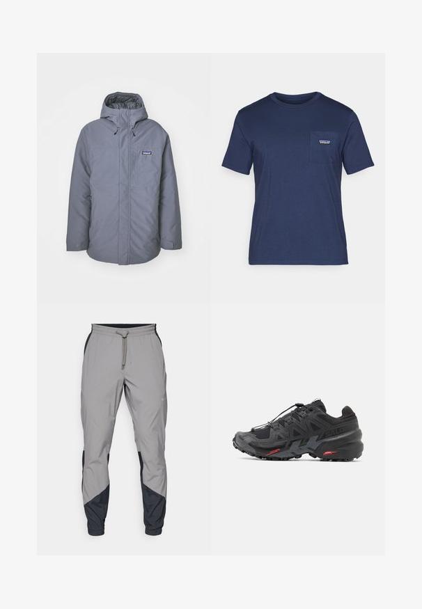 Casaco cinza isolado com capuz, apresentando um fecho frontal, bolso no peito, bolsos laterais e cordões no capuz para ajustabilidade.; T-shirt de algodão azul-marinho com mangas curtas, gola redonda e um bolso no peito com um pequeno emblema. Textura suave, ajuste clássico.; Calças de treino leves e cinzentas com detalhes pretos. Cintura elástica, fecho com cordão, design de perna afunilada e bolsos laterais.; Sapatilha de corrida preta com parte superior em sintético, design texturizado e detalhes em vermelho contrastante. Apresenta um sistema de atilho seguro e sola robusta.